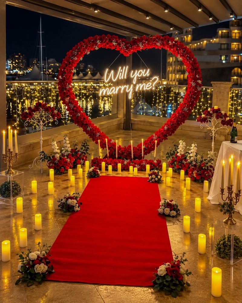 The red rose heart and neon sign on a hotel terrace above the marina at night