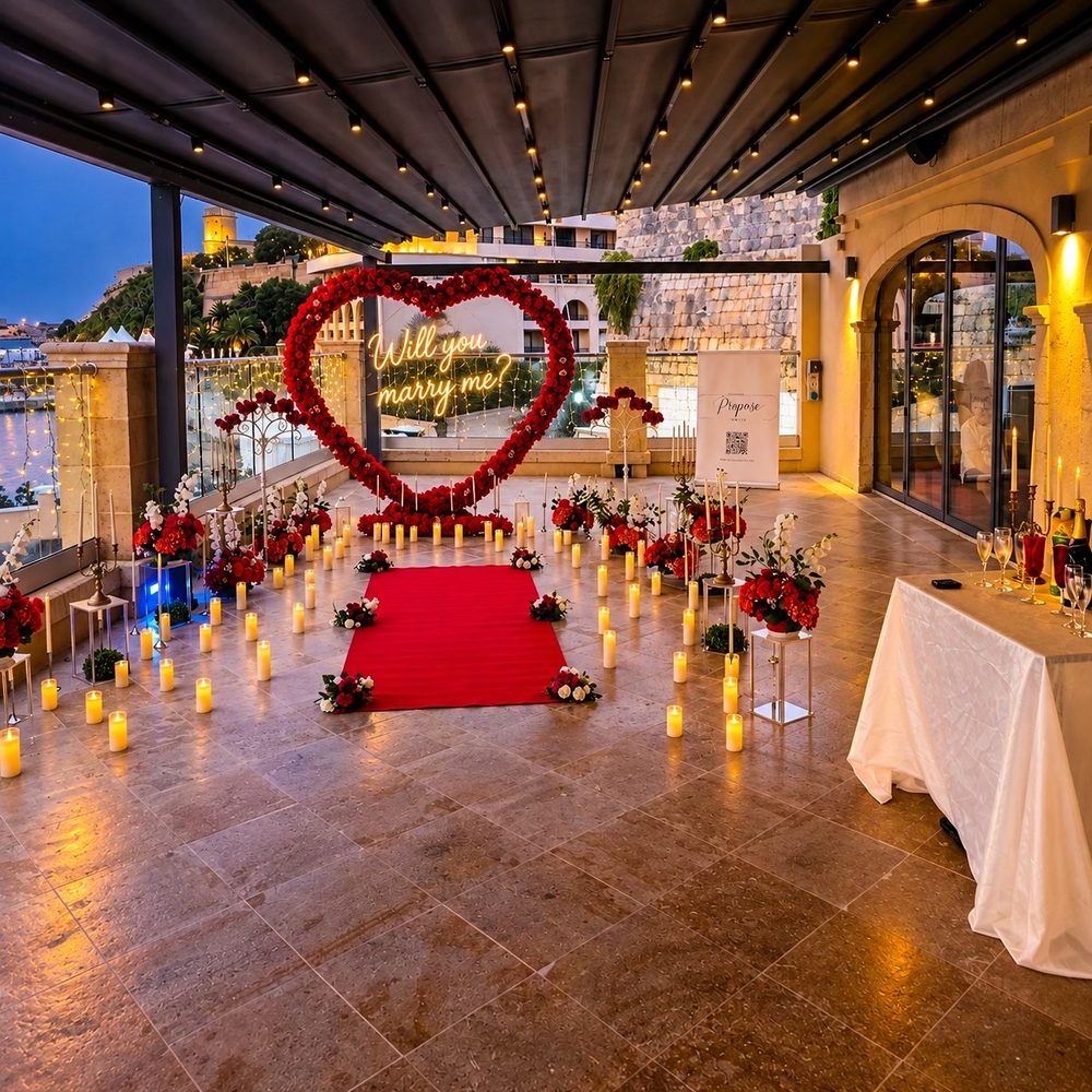 The red heart arch and red carpet set up on a hotel terrace at dusk
